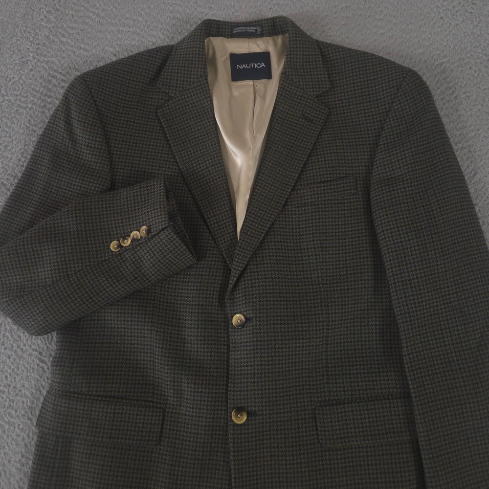 Nautica Blazer Mens 42R Brown Green Houndstooth 100% Wool 2 Button Sport Coat